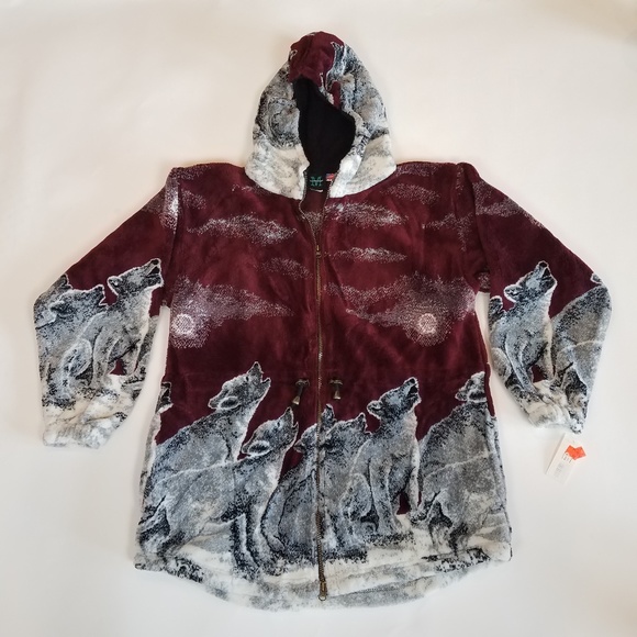 Mazmania Jackets & Blazers - NWT Vintage Plush Fleece Jacket Wolves Oversize M